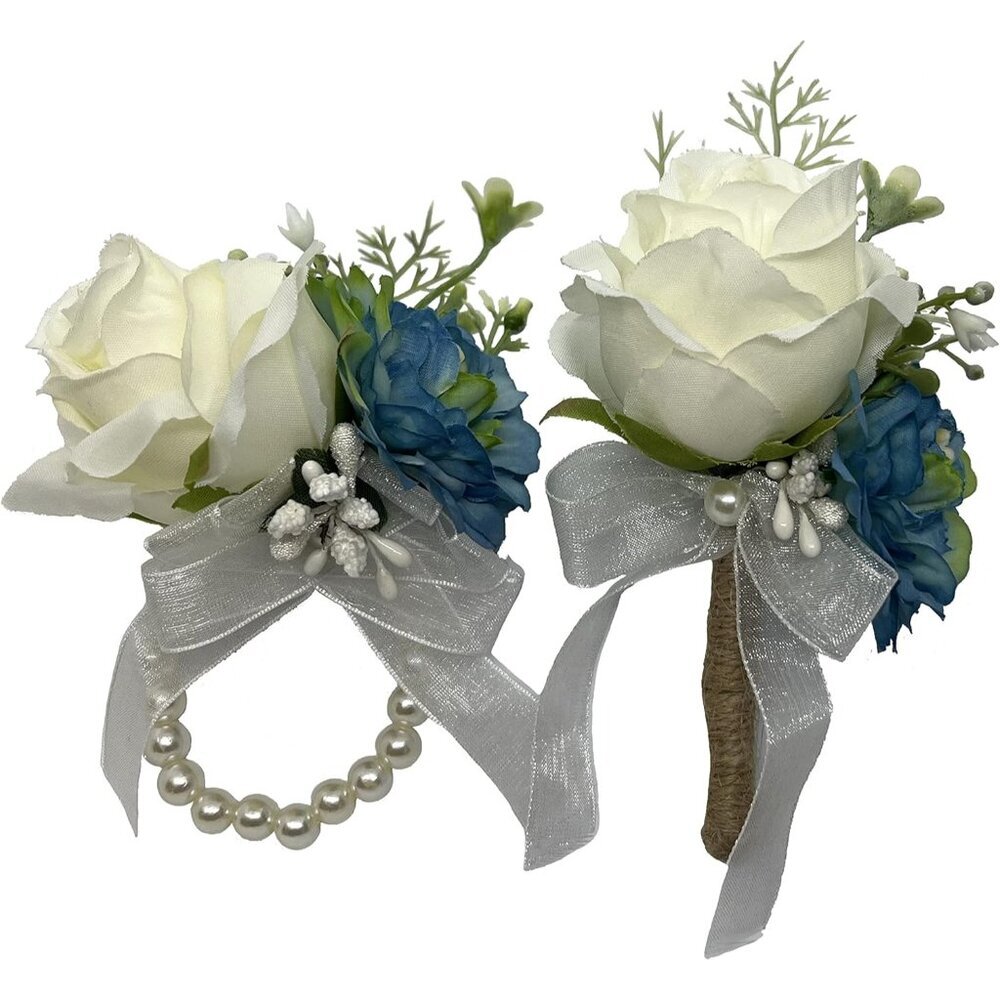 Wrist Corsage Wristlet and Boutonniere Set for Wedding, Ivory and Dusty Blue Ros
